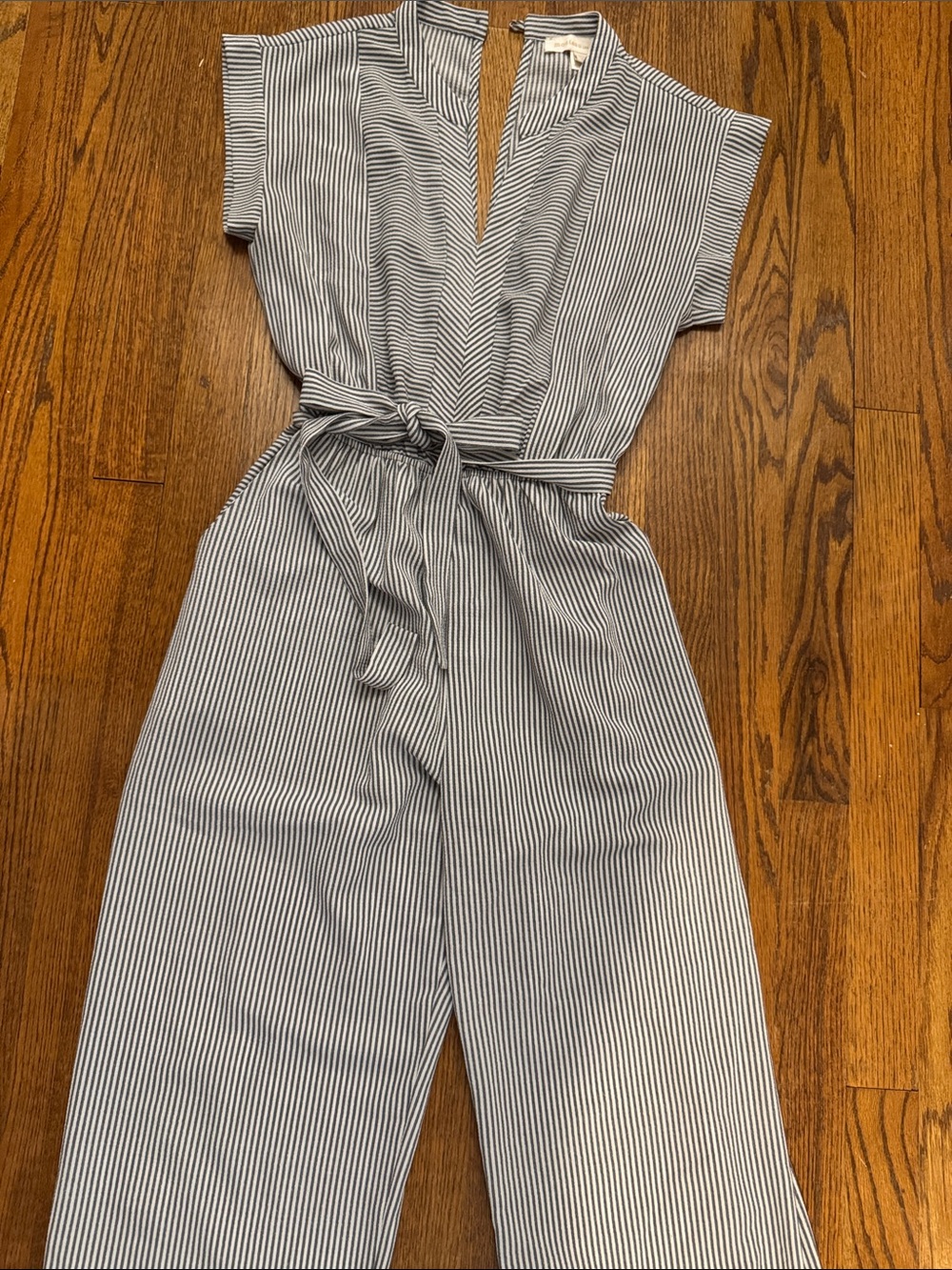 Monteau Navy and White Striped V-Neck Tie-Waist Jumpsuit